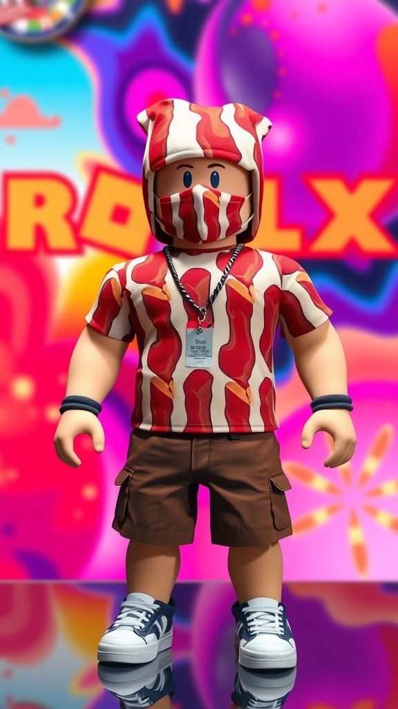 Roblox avatar in a bacon-themed outfit with t-shirt and accessories.